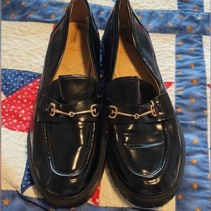 Sam Edelman "Lea" Platform  Black Patent Leather Loafers with Gold Hardware